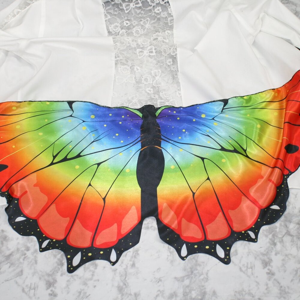 HAND CRAFTED Upcycled Shirt Shacket White Lace Swim Cover Butterfly Parrot Tie - Picture 8 of 16